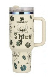 Cuddle_tales Stanley Stitch themed cream stainless steel travel tumbler with handle and lid. Features playful Stitch graphics and Disney magic.